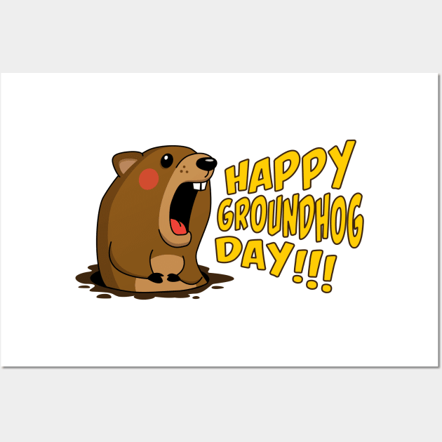 Cute Groundhog Screaming "Happy Groundhog Day!" Holiday Wall Art by Elvdant